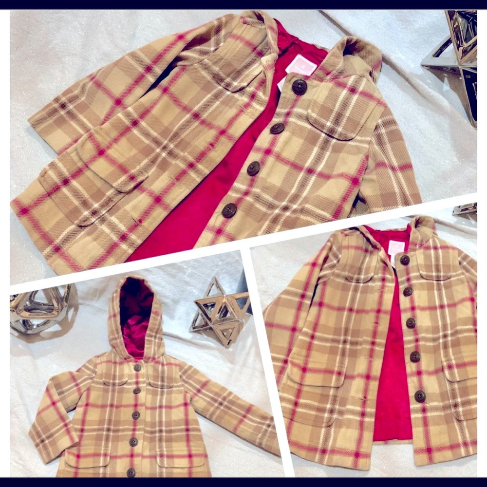 Girls 3T Tan & Pink Plaid Jacket Hood Coat